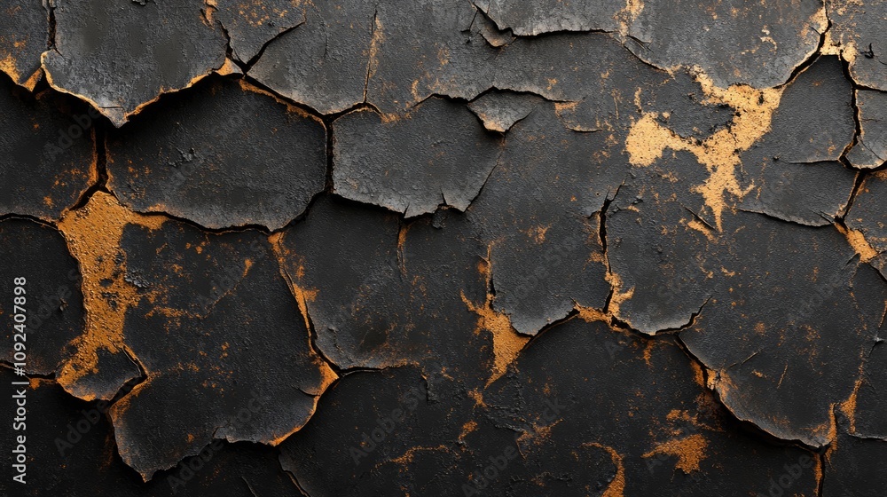 Textured cracked black surface with peeling paint and subtle golden undertones, softly illuminated for a dramatic effect.