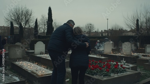 Couple Mourns at a Cemetery with Lit Candles photo