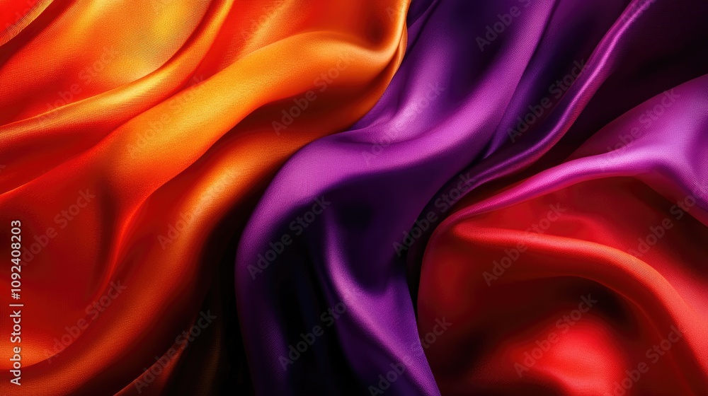 Obraz premium Vibrant abstract silk fabric showcasing rich orange, red, and purple hues, emphasizing luxurious texture and graceful fluidity.