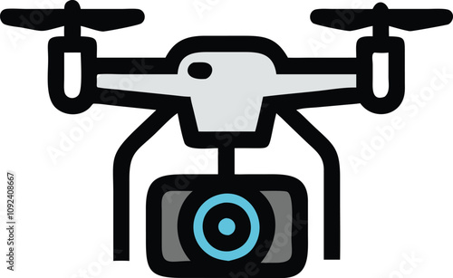 Drone with Camera Icon, Colorful line art illustration of a drone equipped with a camera, symbolizing aerial photography, videography, and modern technology.
