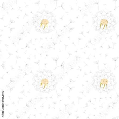 Seamless vector pattern with flying dandelion fluff on a transparent background