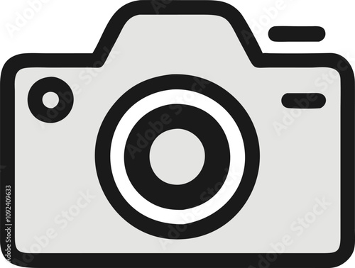 Digital Camera with Lens Illustration, Flat-style vector illustration of a digital camera with a prominent lens, representing photography, imaging devices, and professional equipment.
