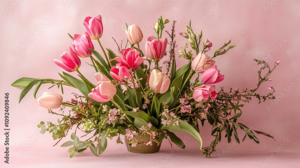 Fototapeta premium Vibrant spring flower arrangement featuring pink tulips, delicate blossoms, and lush greenery against a soft pastel pink background.