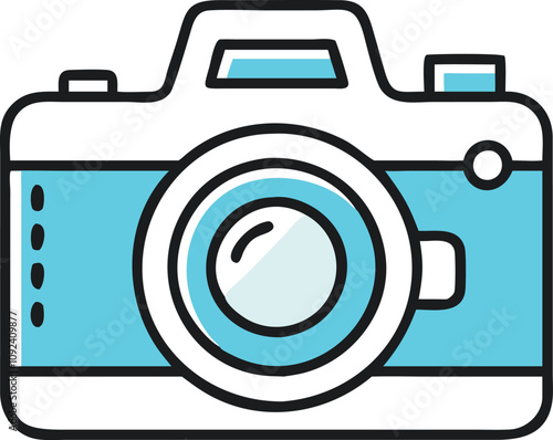 Digital Camera with Lens Illustration, Flat-style vector illustration of a digital camera with a prominent lens, representing photography, imaging devices, and professional equipment.
