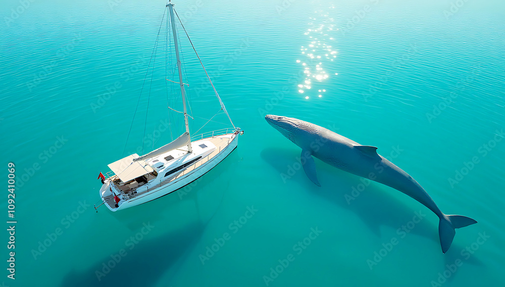 Fototapeta premium An aerial view of a white sailboat with a beige canopy, floating on calm turquoise waters 