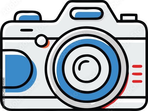 Digital Camera with Lens Illustration, Flat-style vector illustration of a digital camera with a prominent lens, representing photography, imaging devices, and professional equipment.
