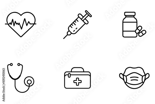 Medical icons set with syringe, mask, and stethoscope