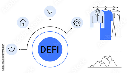 DEFI central circle connected to heart, house, cart, gear icons. Clothing on rack, low poly rock elements. Ideal for finance, technology retail home automation fashion. Line metaphor