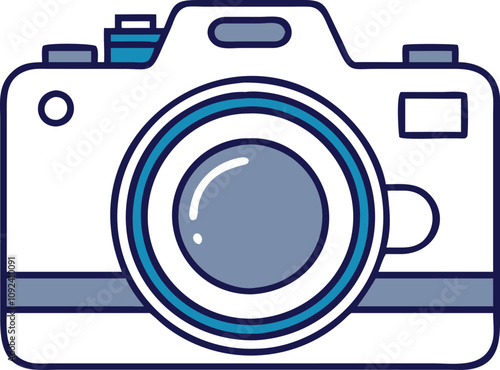 Digital Camera Illustration with Lens, Flat-style illustration of a digital camera featuring a detailed lens, symbolizing photography, imaging technology, and professional equipment.
