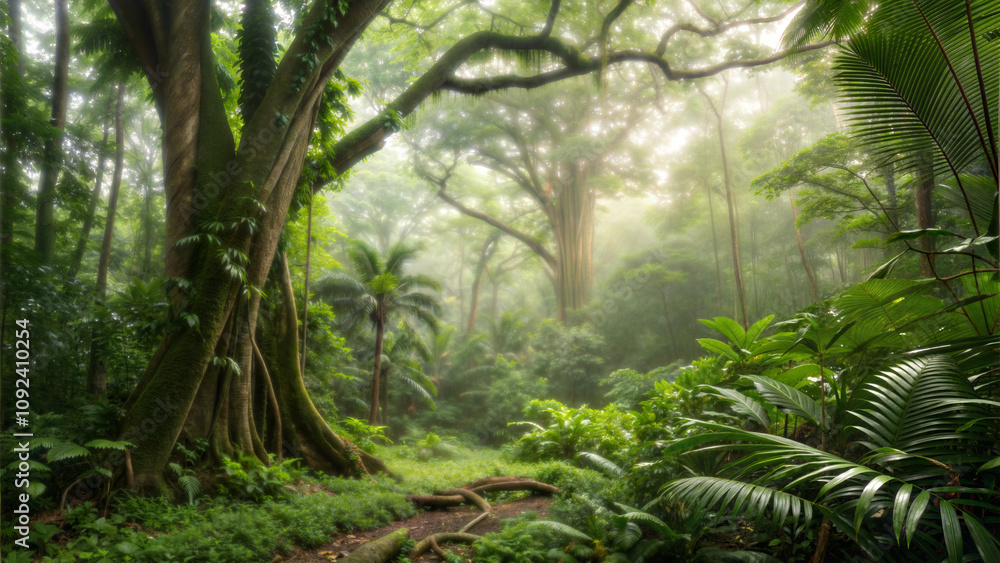 Dense rainforest with towering trees and sunlight beams Dense rainforest with towering trees and sunlight beams