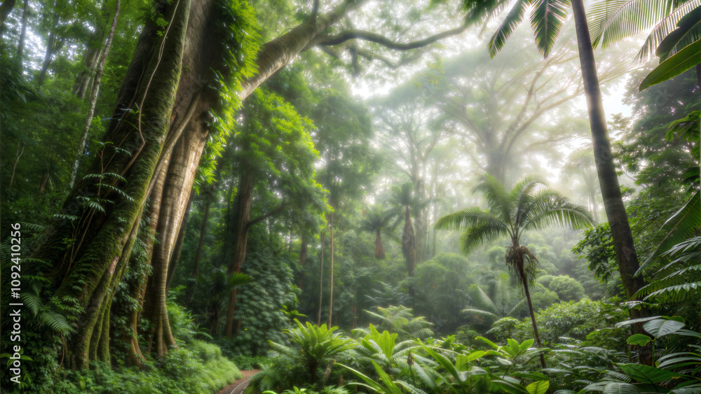 Fototapeta premium Lush rainforest with towering trees and dense foliage