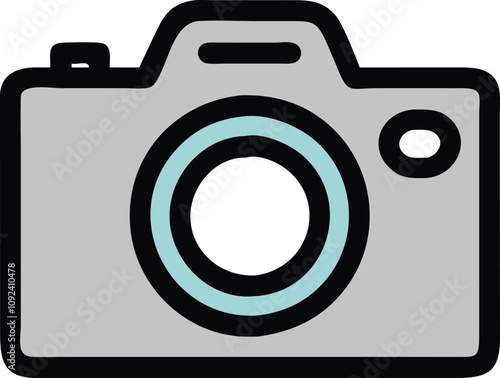 Digital Camera with Lens Illustration, Flat-style vector illustration of a digital camera with a prominent lens, representing photography, imaging devices, and professional equipment.
