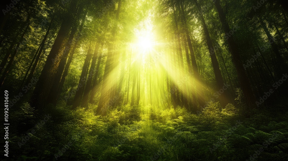 Obraz premium Sunlight Filters Through Dense Forest Canopy Illuminating Lush Greenery and Ferns Creating a Serene Natural Environment