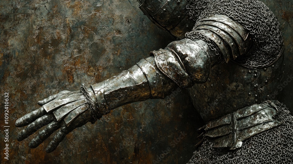 Fototapeta premium Medieval warrior in intricately detailed silver chain mail and leather, poised for battle with a weathered backdrop showcasing battle-worn armor.