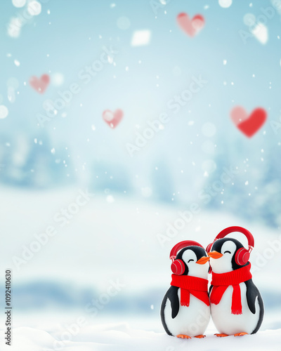 A pair of cute penguins in love, wearing a red scarf and headphones, standing on a snowfield, surrounded by heart-shaped clouds, with a light blue background. Christmas, love and music card