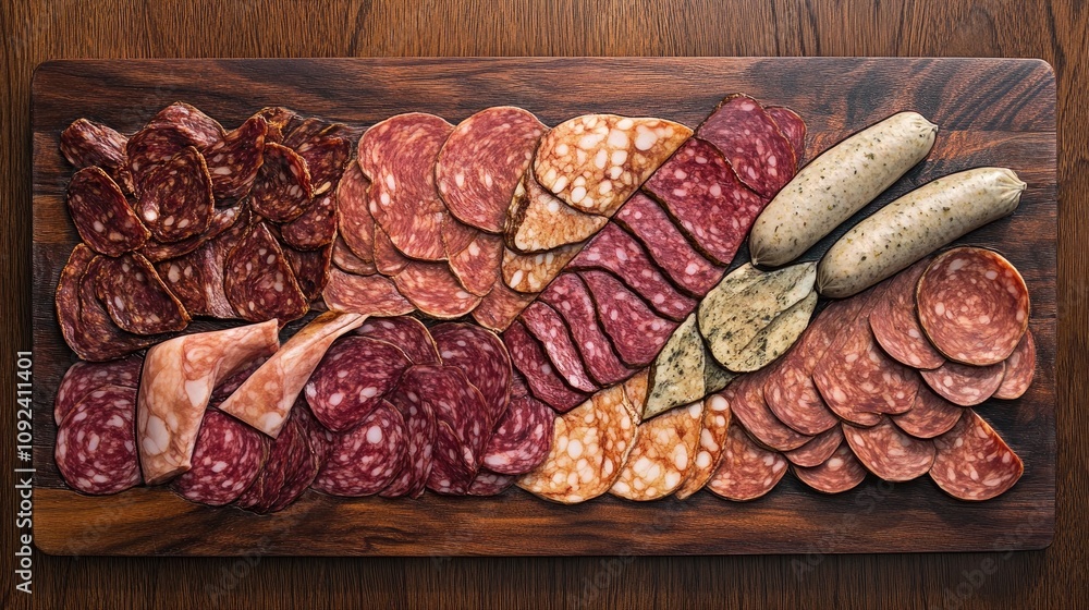 Artfully arranged selection of salami, ham, sausage, and prosciutto on a wooden board showcasing a variety of textures and colors. Artfully arranged selection of salami, ham, sausage, and prosciutto on a wooden board showcasing a variety of textures and colors.