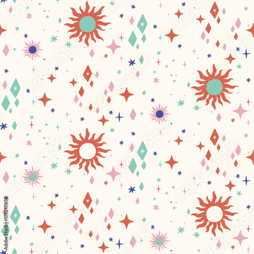 Vintage magical seamless pattern with sun and stars red blue green