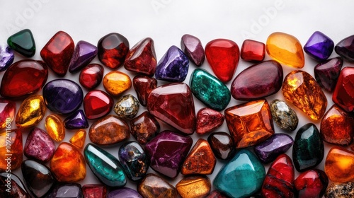 Vibrant collection of assorted gemstones including sapphires, rubies, amethysts, topazes, and emeralds on a white backdrop with ample blank space for design purposes. photo