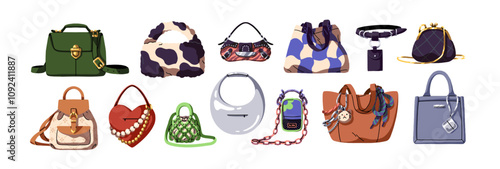 Set of different female bags: tote, clutch, crossbody, shoulder. Stylish leather and textile handbags, purses with various sizes and shapes for girls. Flat isolated vector illustration on white