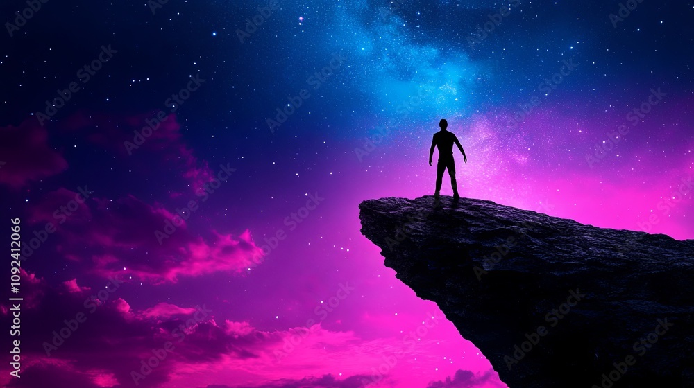 Fototapeta premium Person Standing on Cliff under Starry Sky