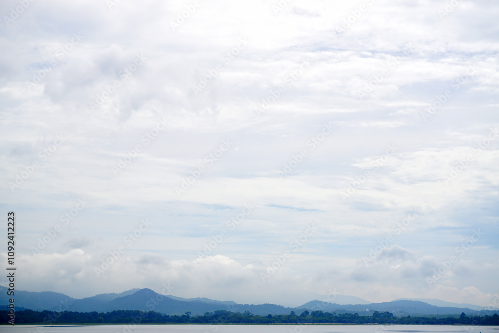 Fototapeta premium Nature landscape background, Lake and forest with mountain and clouds sky background
