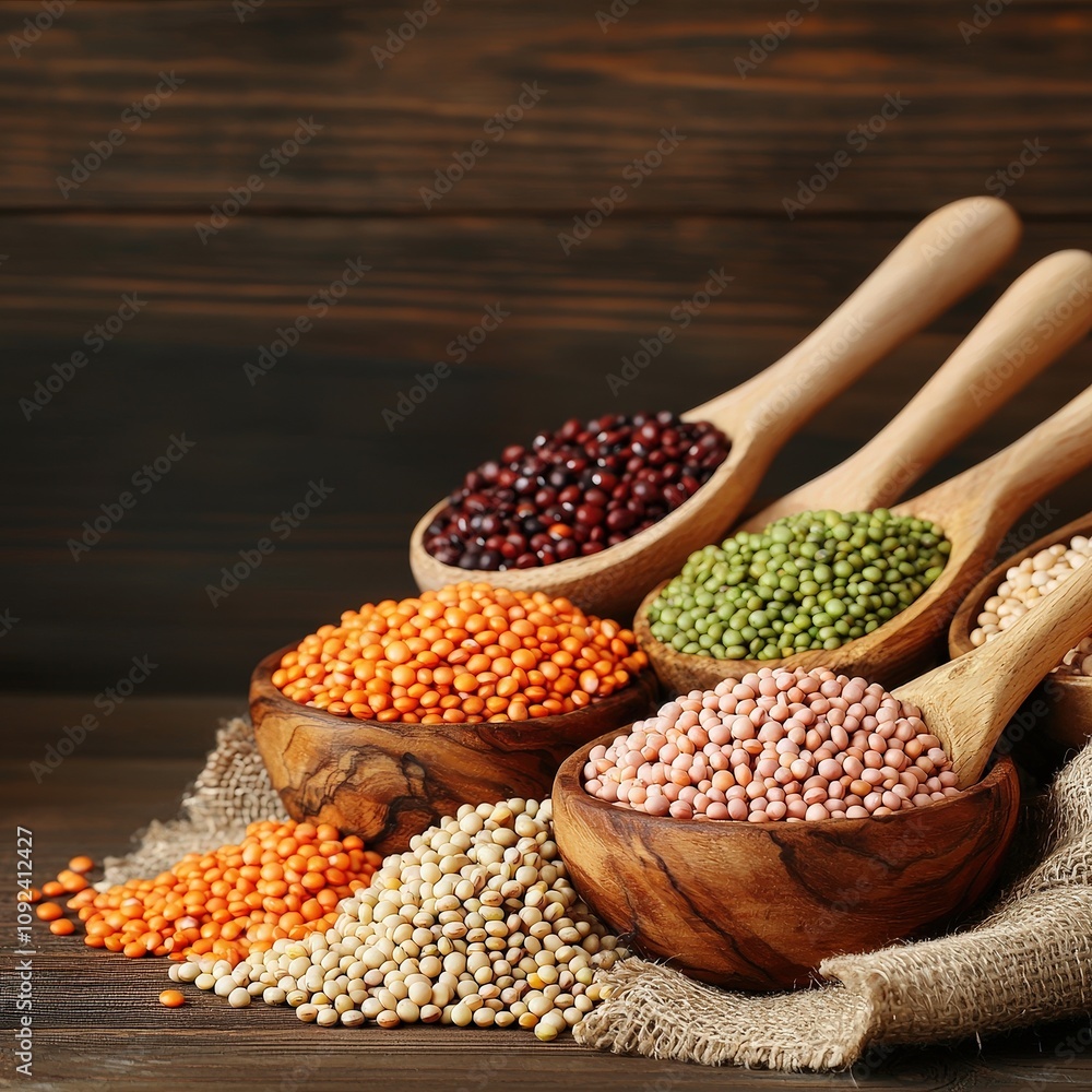 Fototapeta premium Rustic image of pulses in wooden bowls on natural cloth
