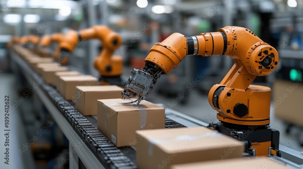 Industrial Robotics Automation in a Modern Warehouse with Orange Robotic Arm Sorting Cardboard Packages on a Conveyor Belt for Efficient Distribution and Logistics Operations Industrial Robotics Automation in a Modern Warehouse with Orange Robotic Arm Sorting Cardboard Packages on a Conveyor Belt for Efficient Distribution and Logistics Operations