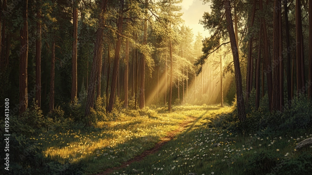 Obraz premium Sunlight streaming through a serene pine forest at golden hour, illuminating the path and wildflowers with soft, warm light.