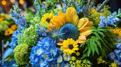 Bright summer floral centerpiece showcasing a mix of blue hydrangeas, yellow sunflowers, and vibrant green accents for a lively table setting.