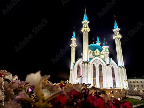 Majestic Kul Sharif Mosque illuminates the night sky in Kazan, showcasing stunning architecture and intricate design photo