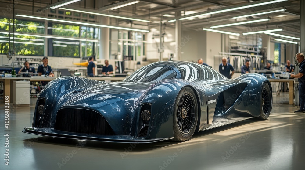 Fototapeta premium Sleek Blue Sports Car on Display in Modern Automotive Workshop with Technicians and Bright Natural Light