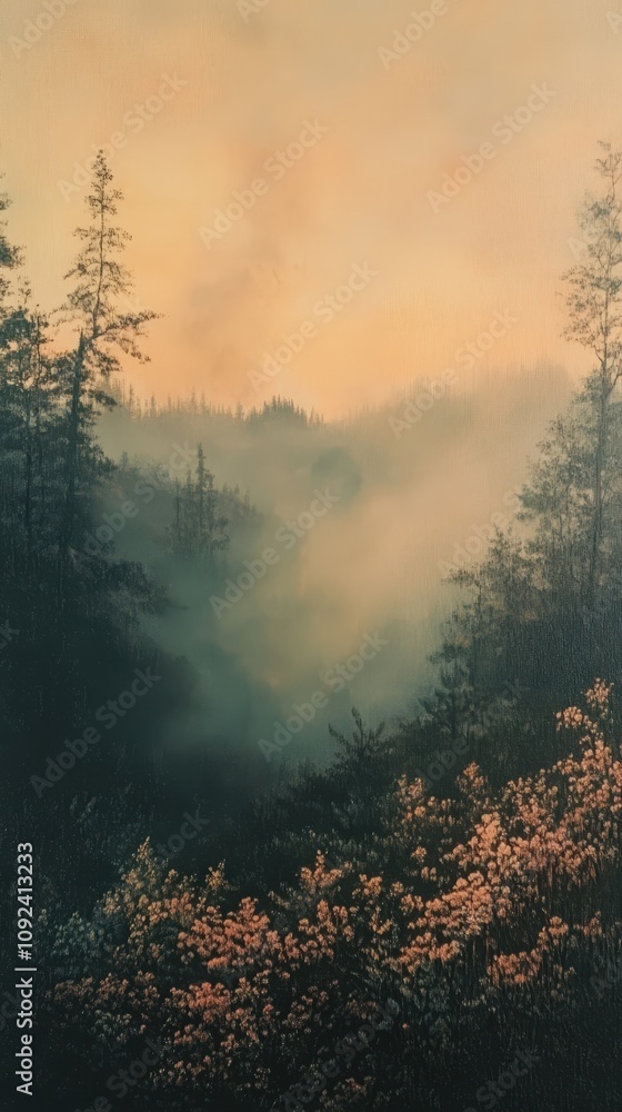 A serene landscape showcasing misty mountains and blossom-filled meadows at sunset, capturing nature's tranquil beauty. A serene landscape showcasing misty mountains and blossom-filled meadows at sunset, capturing nature's tranquil beauty.