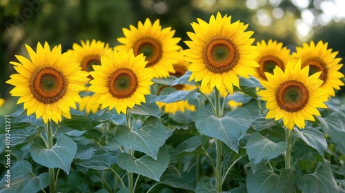 Lush garden showcasing a vibrant display of blue and yellow perennial sunflowers, radiating cheerfulness and natural beauty under warm sunlight. photo