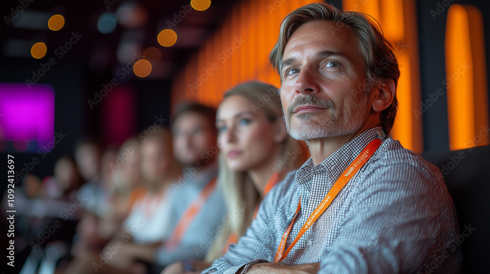 Obraz premium A close-up of a satisfied man attending a marketing conference, showing a confident smile and engaged expression, reflecting his positive experience.