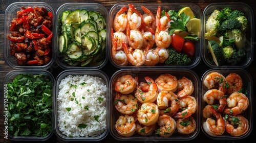 Set of Food Plastic Containers with Shrimp, Rice, and Vegetables photo