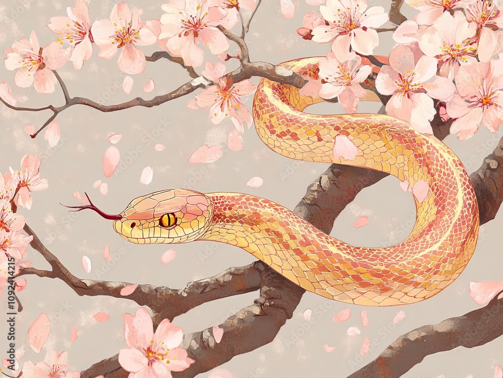 Obraz premium Snake encircling blooming cherry blossoms nature scene illustrated art serene environment vibrant colors symbol of renewal