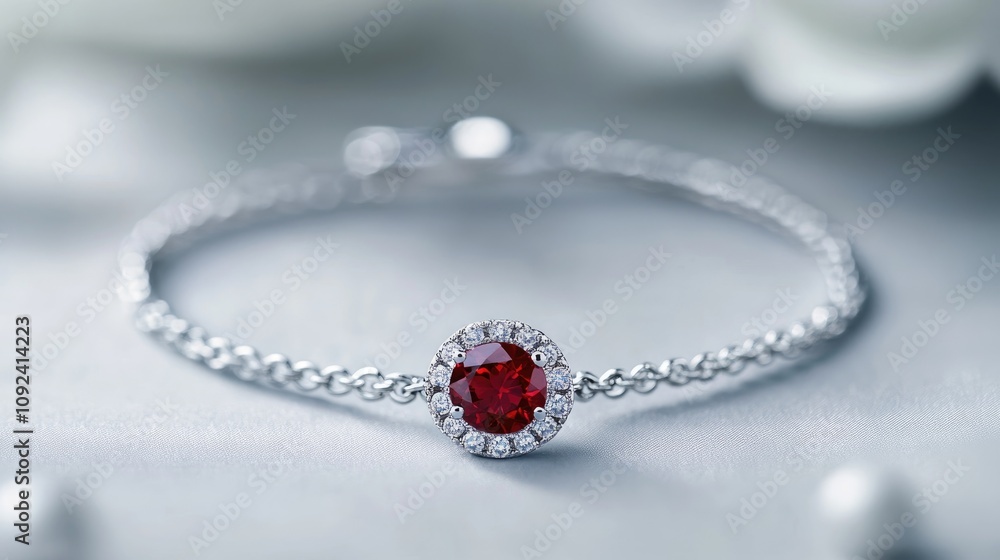 Sterling silver bracelet adorned with a stunning red ruby gemstone surrounded by shimmering diamonds on a soft, neutral background. Sterling silver bracelet adorned with a stunning red ruby gemstone surrounded by shimmering diamonds on a soft, neutral background.