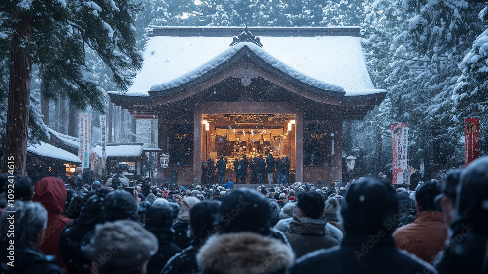 Obraz premium 雪景色の初詣と人々の祈り