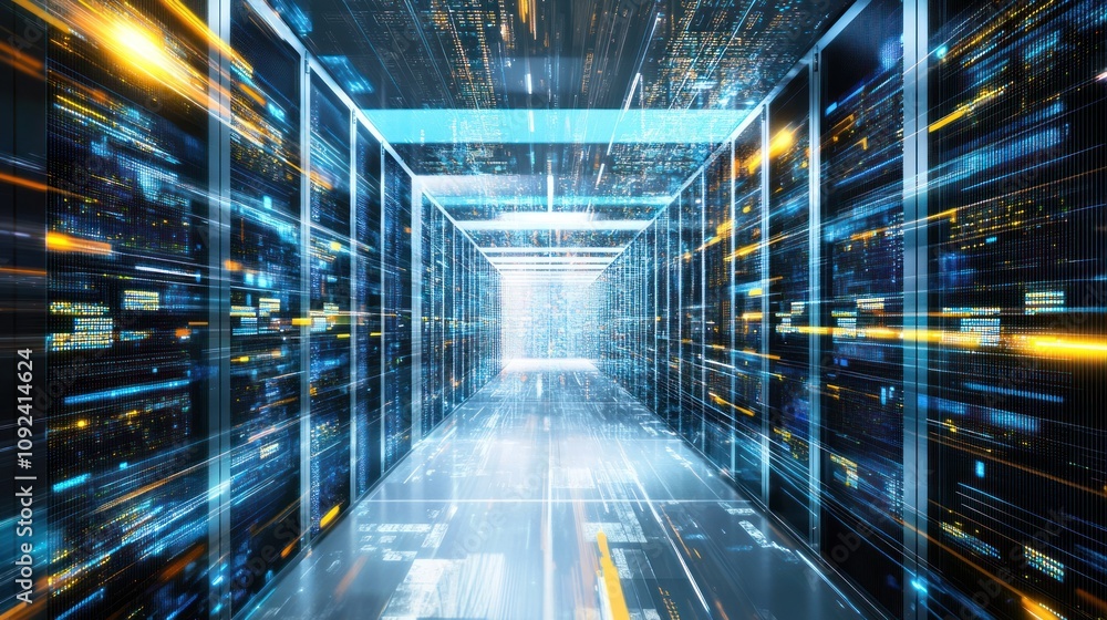 Data Center Corridor Showing Fast Data Transfer Speeds