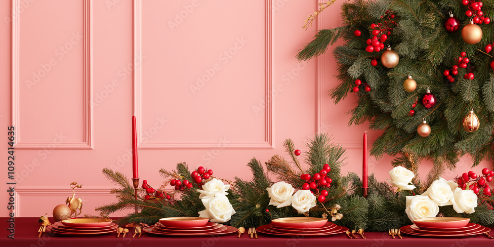 Lavish flower ornament on luxury dining table in pink apartment backgorund Lavish flower ornament on luxury dining table in pink apartment backgorund