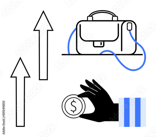 Briefcase with strap, dollar coin held by gloved hand, and two upward arrows. Ideal for financial planning, investment growth, business performance, economic success, career advancement, savings