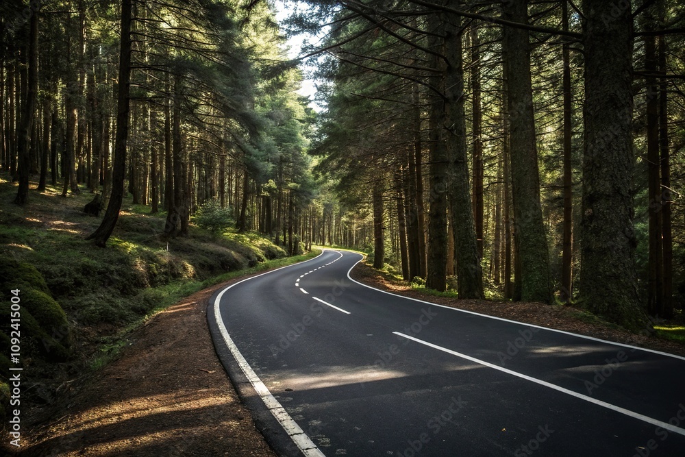 Fototapeta premium Black asphalt road winding through a forest with white dividing lines, solitary drive, winding path
