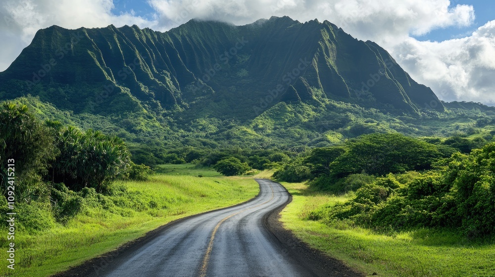 Fototapeta premium Winding country road meandering through vibrant green mountains under a bright blue sky with fluffy clouds.