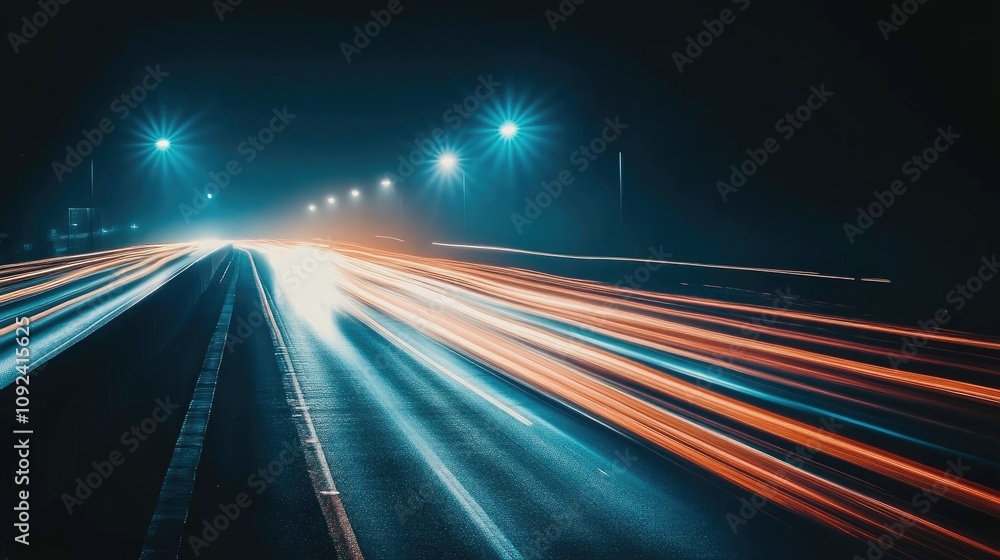 High-speed light trails creating dynamic motion blur against a dark background, emphasizing vibrant colors and illuminating street lamps at night. High-speed light trails creating dynamic motion blur against a dark background, emphasizing vibrant colors and illuminating street lamps at night.