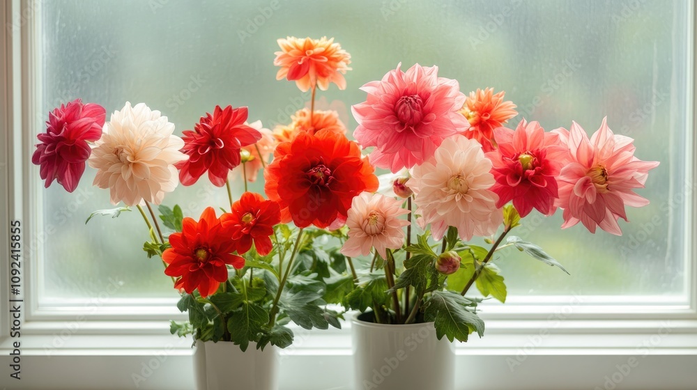 Colorful red and pink dahlias in white pots with lush green leaves, elegantly displayed by a bright white window with soft lighting. Colorful red and pink dahlias in white pots with lush green leaves, elegantly displayed by a bright white window with soft lighting.