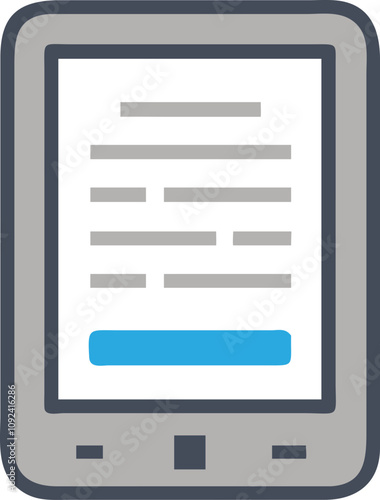 E-Reader Device Icon in Flat Design, Flat-style illustration of an e-reader displaying text, symbolizing digital reading, portable devices, and modern technology for books and documents.
