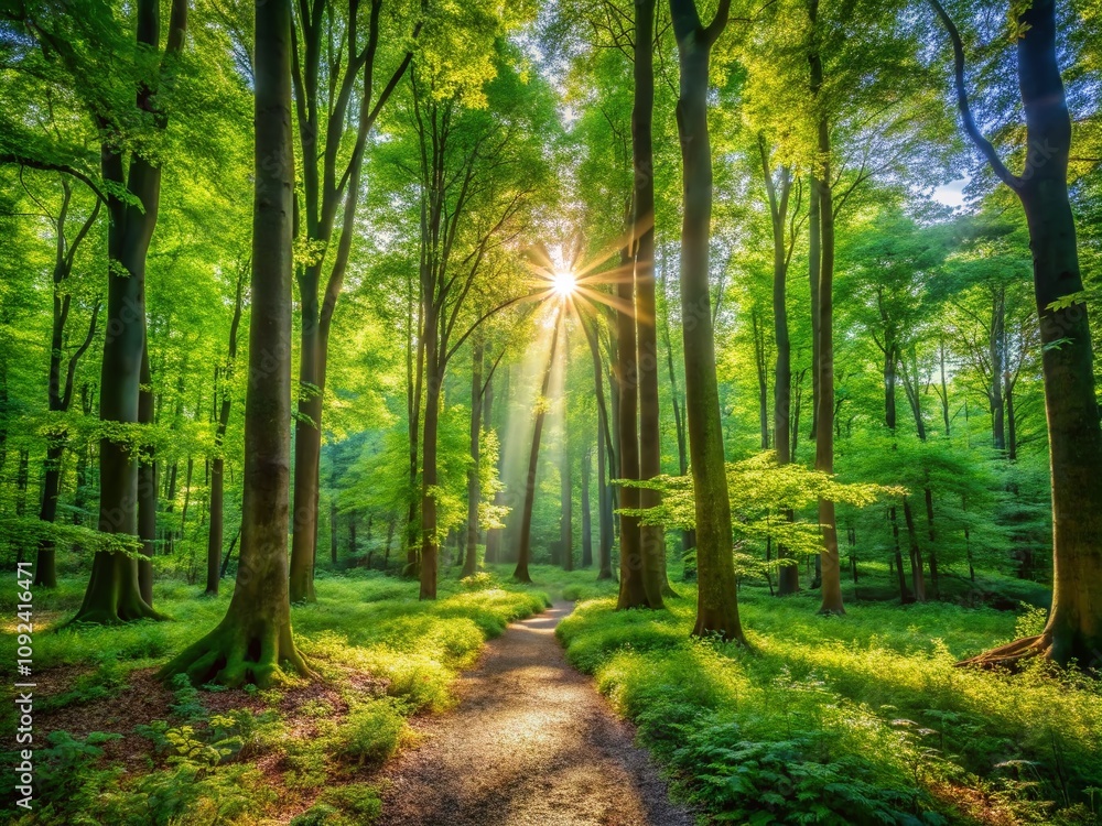 Fototapeta premium Enchanting Forest Scene in the Woods Captured with Rule of Thirds, Showcasing Lush Greenery, Sunlight Filtering Through Leaves, and a Serene Atmosphere for Nature Lovers