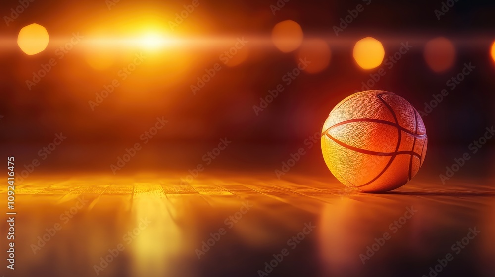Obraz premium Basketball on a blurred wooden floor with warm glowing lights in the background, featuring ample space for text or promotional content.