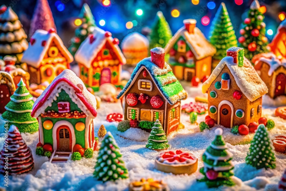 Naklejka premium Enchanting Gingerbread Village: Whimsical Miniature Townscape with Edible Architecture, Colorful Sugar Decorations, and Cozy Winter Vibes Perfect for Holiday Imagery