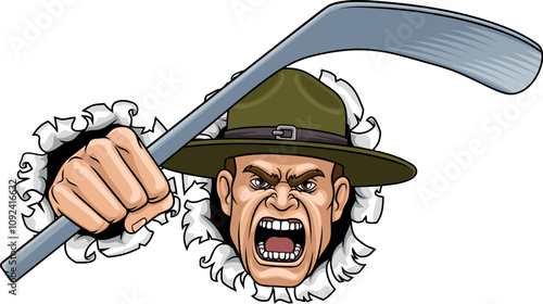 An angry drill instructor or sergeant bootcamp army soldier cartoon character holding hockey stick ice hockey sports team mascot illustration.